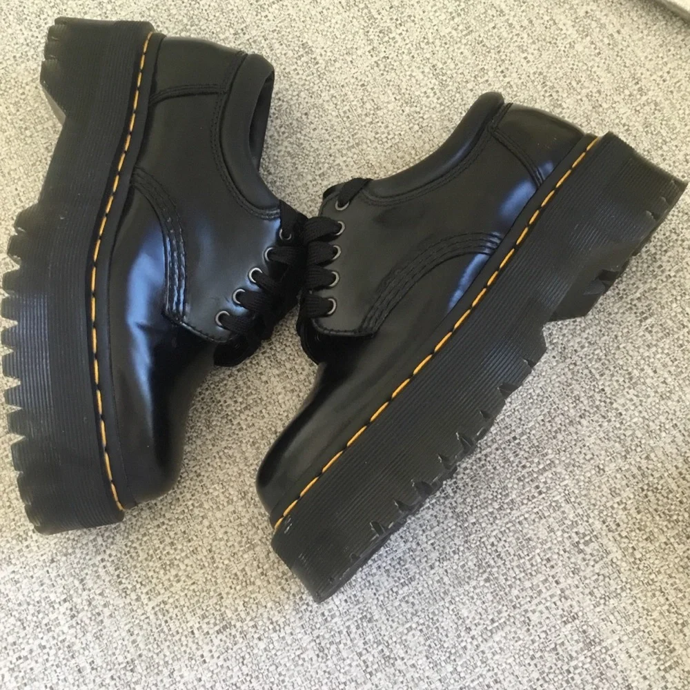 Dr. Martens  8053 Quad Black Patent Leather Platform Derby with Yellow Stitching